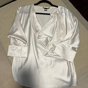 St. John Cowl Neck Cream Silk Top with Bow Detail, Small